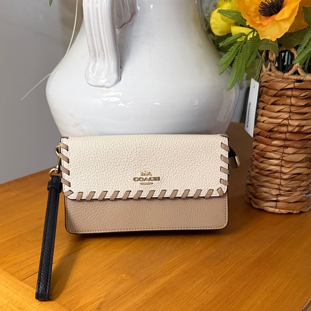 Coach Two-Tone Cream & Taupe Leather Crossbody Wristlet with Black Strap